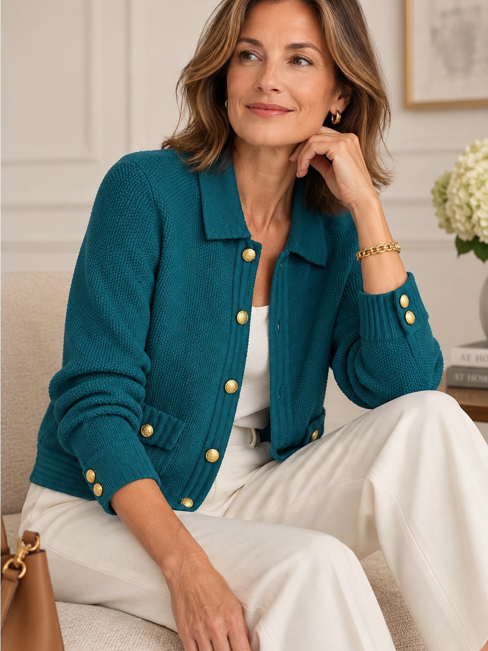 Vintage Ancora by Ciao Teal Cardigan Sweater Gold Buttons Wool Blend Size S